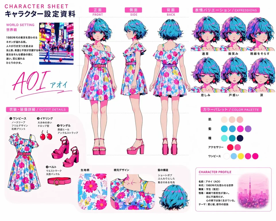 角色设定资料图，展示同一角色在正面、侧面、背面和多种表情中的一致性