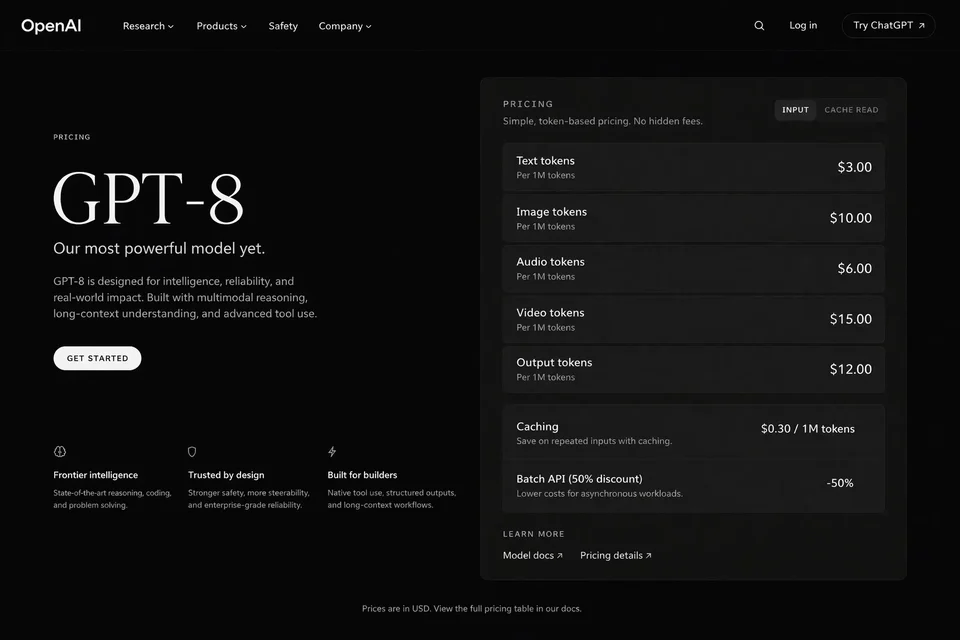 由 GPT-Image 2 生成的深色定价页面，包含清晰英文菜单和价格文字