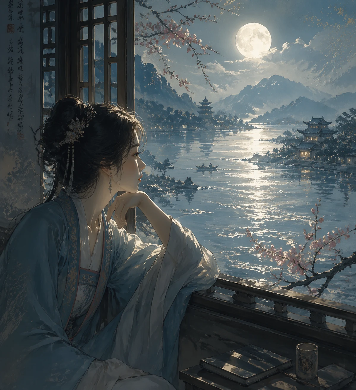 宋代月夜江景中的窗边女子